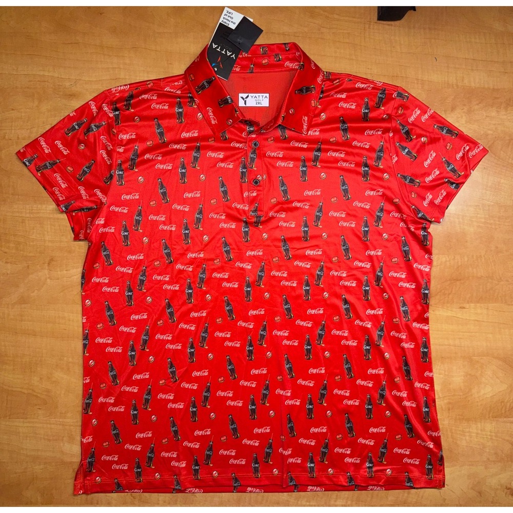 Yatta Golf Coca-Cola Polo Shirt Mens 2XL Red All Over Print Coke Bottle NWT